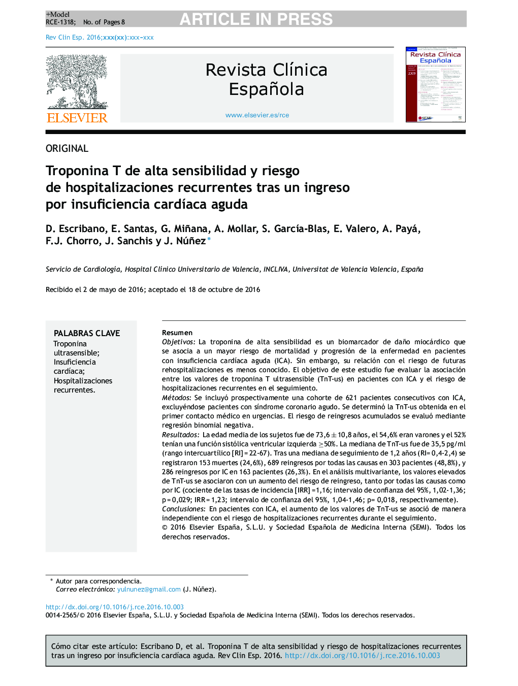 عکس صفحه اول مقاله: Troponina T de alta sensibilidad y riesgo de hospitalizaciones recurrentes tras un ingreso por insuficiencia cardÃaca aguda Troponina T de alta sensibilidad y riesgo de hospitalizaciones recurrentes tras un ingreso por insuficiencia cardÃaca aguda
