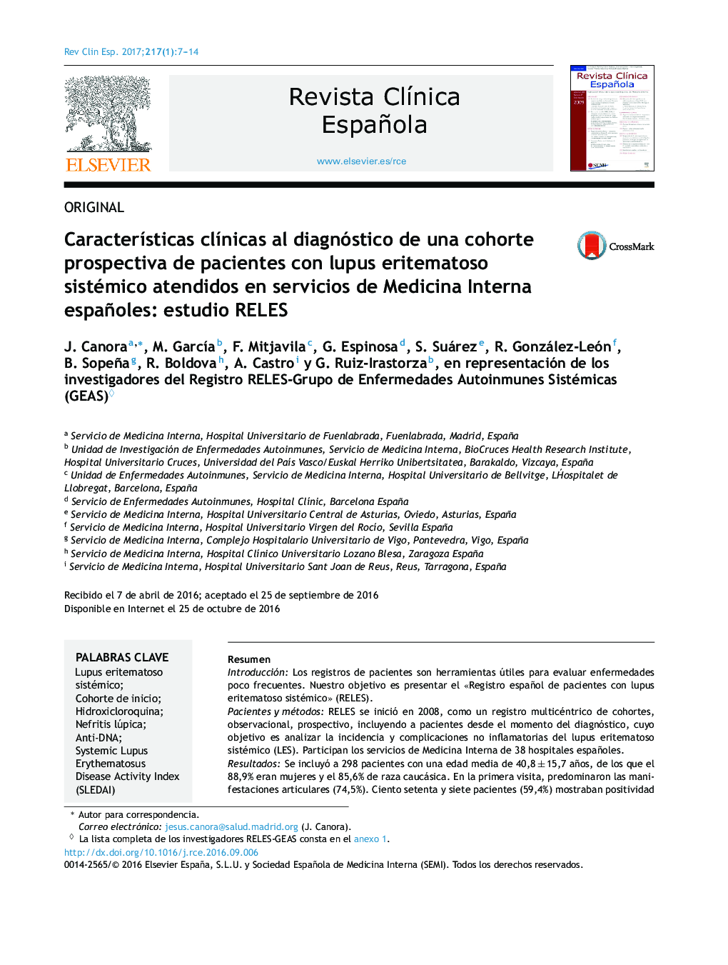 CaracterÃ­sticas clÃ­nicas al diagnóstico de una cohorte prospectiva de pacientes con lupus eritematoso sistémico atendidos en servicios de Medicina Interna españoles: estudio RELES