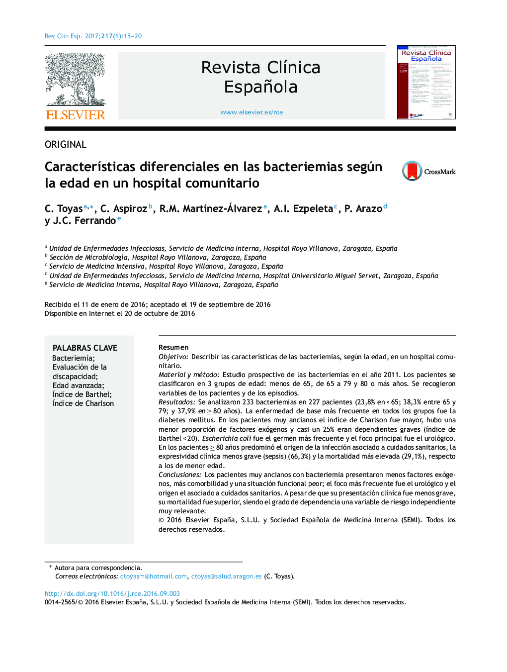 CaracterÃ­sticas diferenciales en las bacteriemias según la edad en un hospital comunitario