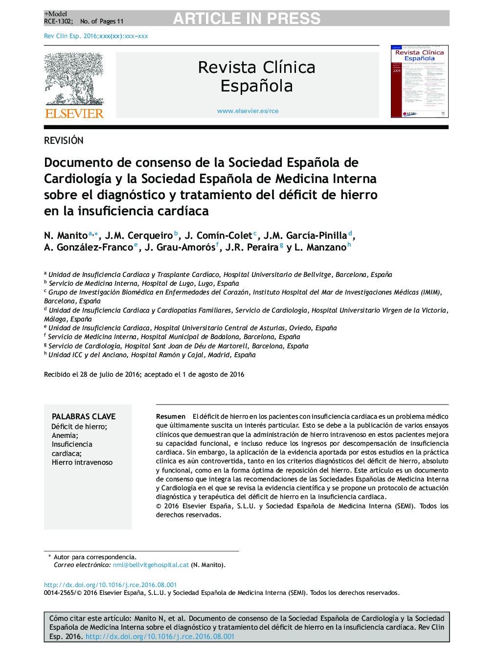 Documento de consenso de la Sociedad Española de CardiologÃ­a y la Sociedad Española de Medicina Interna sobre el diagnóstico y tratamiento del déficit de hierro en la insuficiencia cardÃ­aca