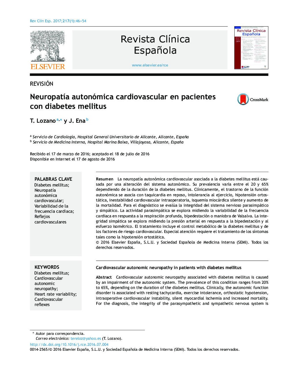 NeuropatÃ­a autonómica cardiovascular en pacientes con diabetes mellitus