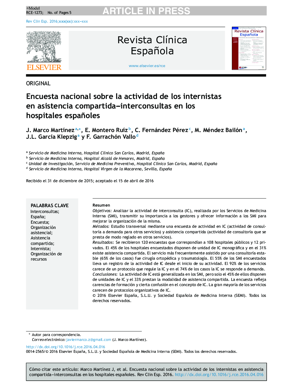 Encuesta nacional sobre la actividad de los internistas en asistencia compartida-interconsultas en los hospitales españoles