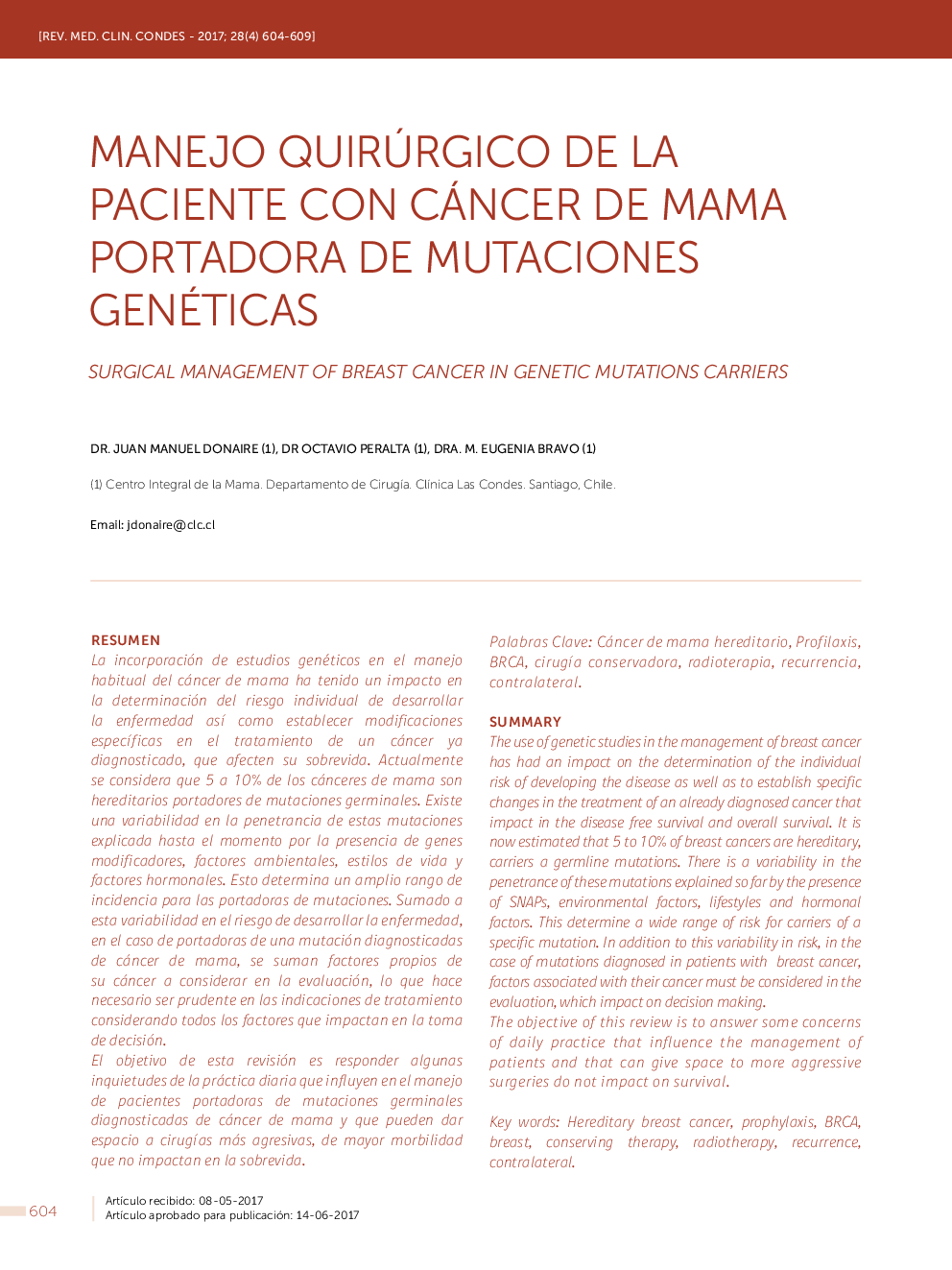 MANEJO QUIRÃRGICO DE LA PACIENTE CON CÁNCER DE MAMA PORTADORA DE MUTACIONES GENÃTICAS