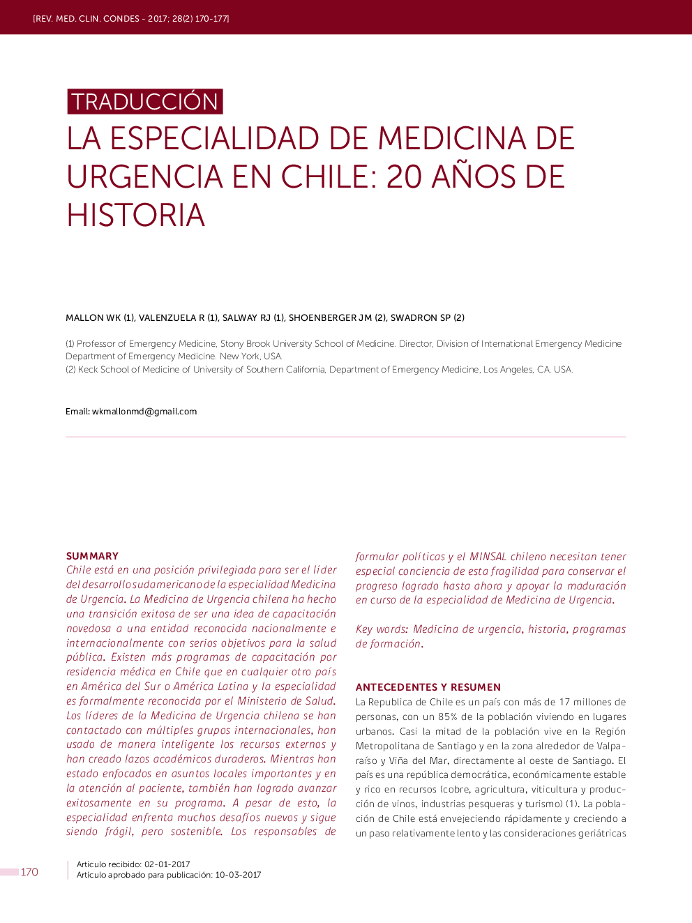 LA ESPECIALIDAD DE MEDICINA DE URGENCIA EN CHILE: 20 AÃOS DE HISTORIA