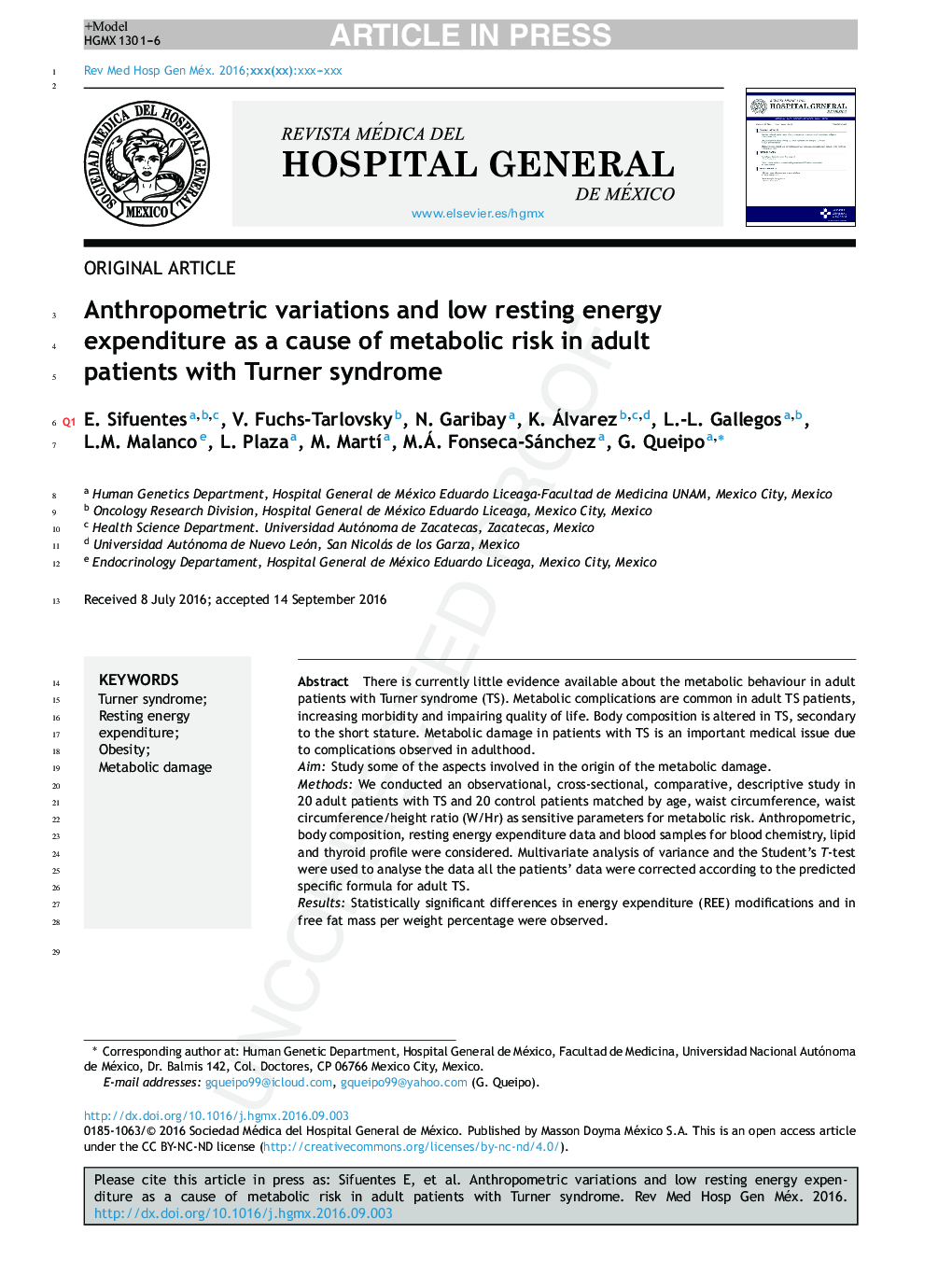 Anthropometric variations and low resting energy expenditure as a cause of metabolic risk in adult patients with Turner syndrome