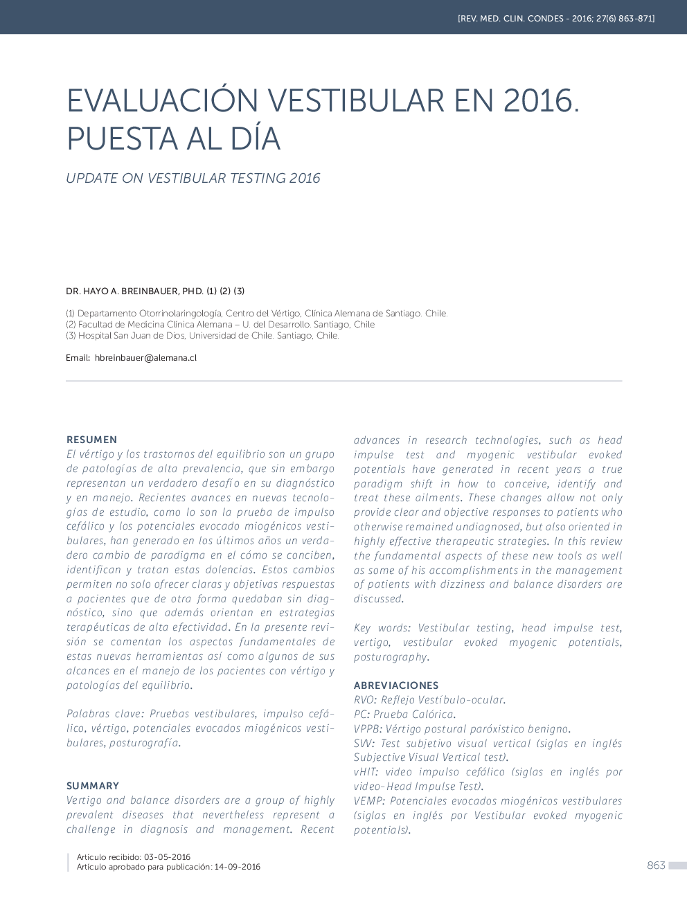 EVALUACIÃN VESTIBULAR EN 2016. PUESTA AL DÍA