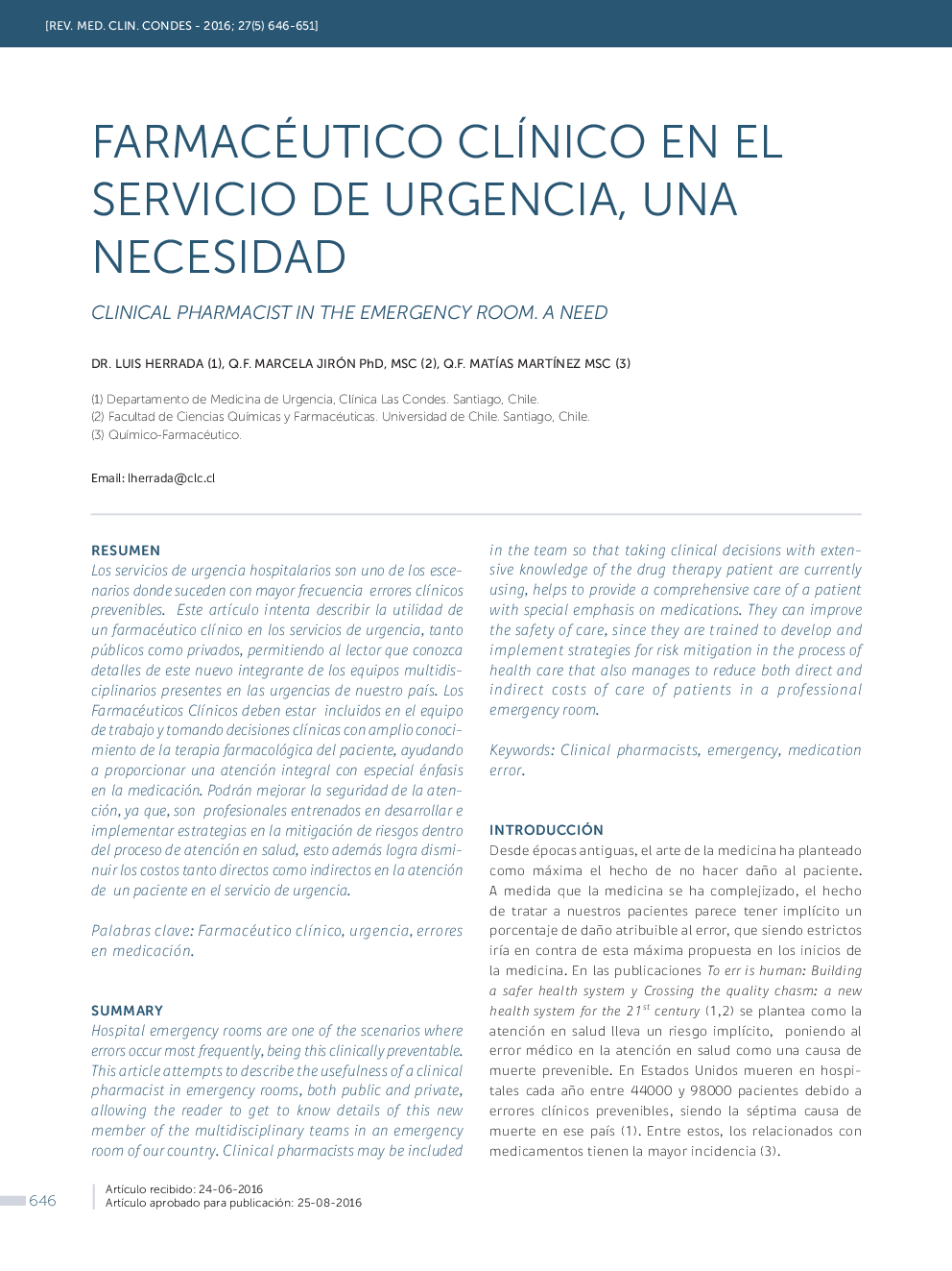 FARMACÃUTICO CLÍNICO EN EL SERVICIO DE URGENCIA, UNA NECESIDAD