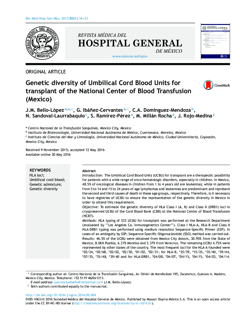 Genetic diversity of Umbilical Cord Blood Units for transplant of the National Center of Blood Transfusion (Mexico)