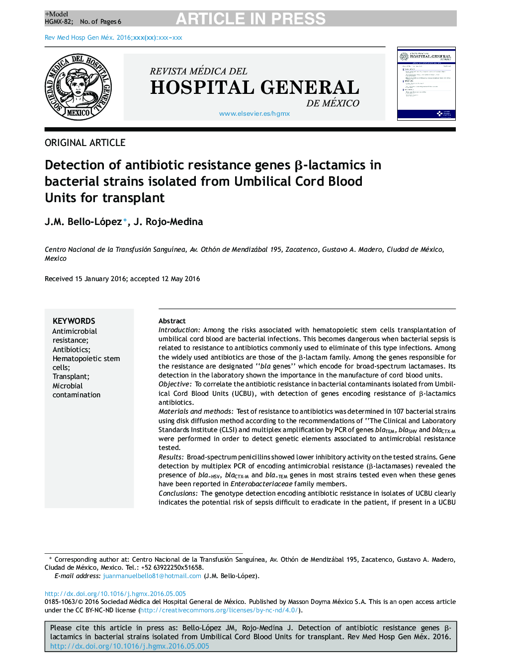 Detection of antibiotic resistance genes Î²-lactamics in bacterial strains isolated from Umbilical Cord Blood Units for transplant