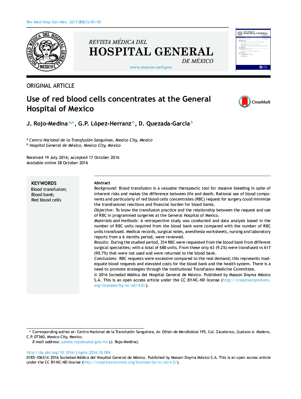 Use of red blood cells concentrates at the General Hospital of Mexico