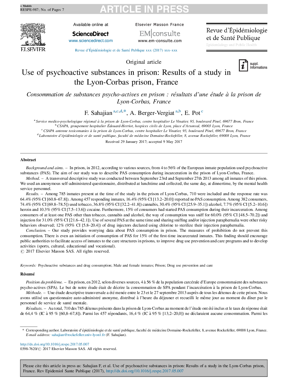 عکس صفحه اول مقاله: Use of psychoactive substances in prison: Results of a study in the Lyon-Corbas prison, France Use of psychoactive substances in prison: Results of a study in the Lyon-Corbas prison, France