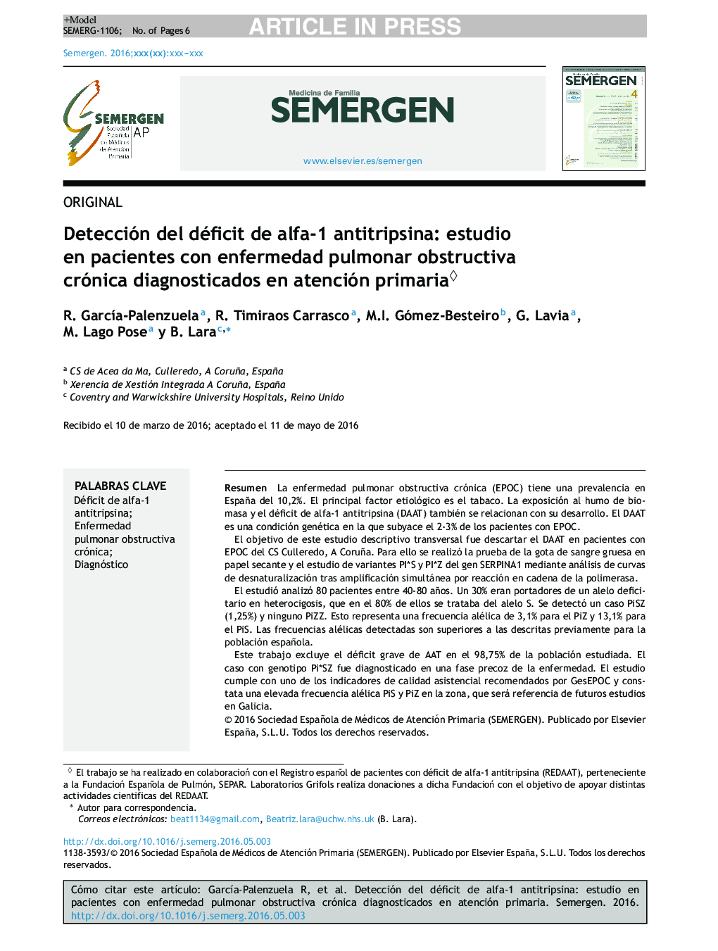 Detección del déficit de alfa-1 antitripsina: estudio en pacientes con enfermedad pulmonar obstructiva crónica diagnosticados en atención primaria