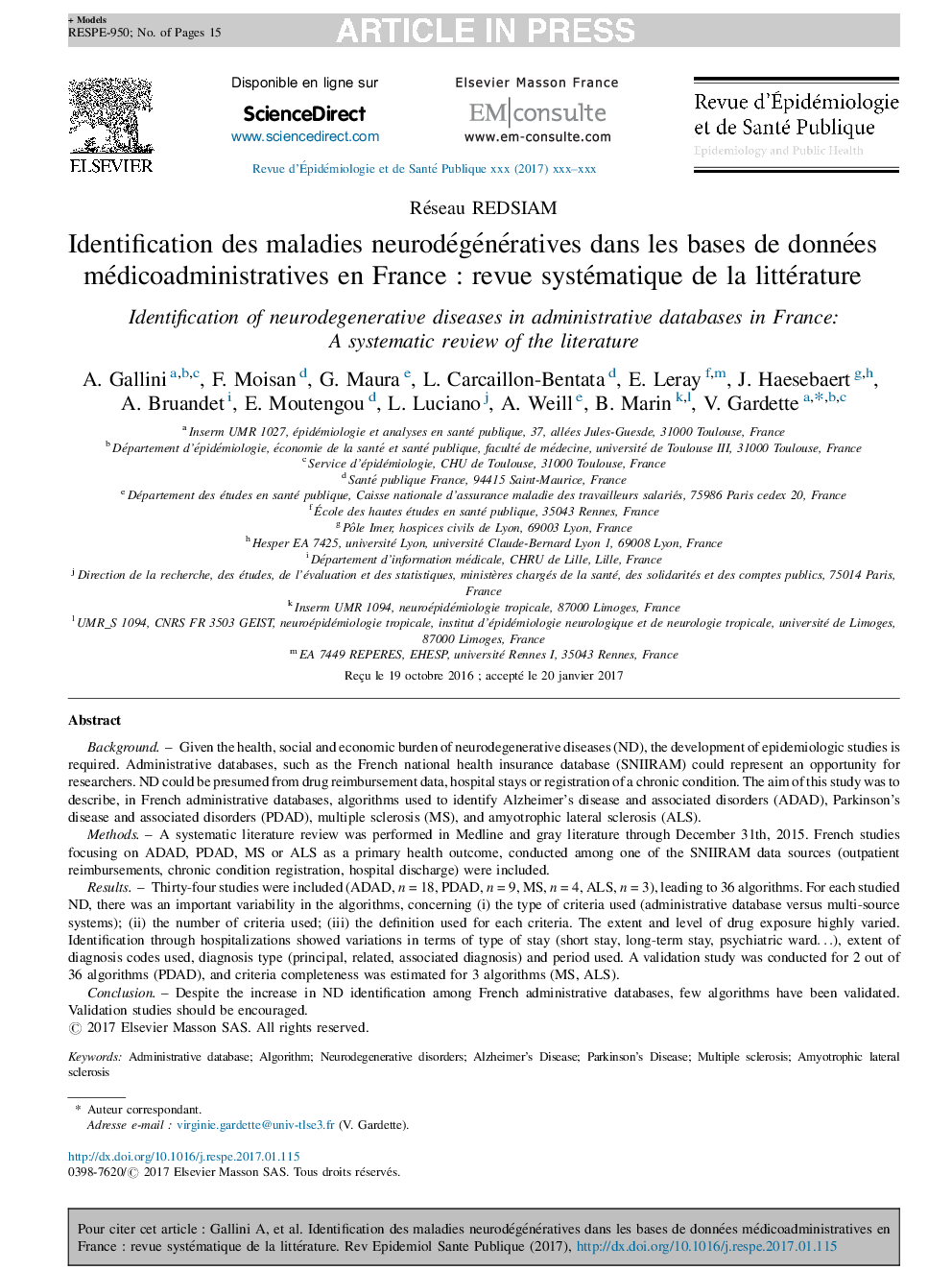 عکس صفحه اول مقاله: Identification des maladies neurodégénératives dans les bases de données médicoadministratives en France : revue systématique de la littérature Identification des maladies neurodégénératives dans les bases de données médicoadministratives en France : revue systématique de la littérature