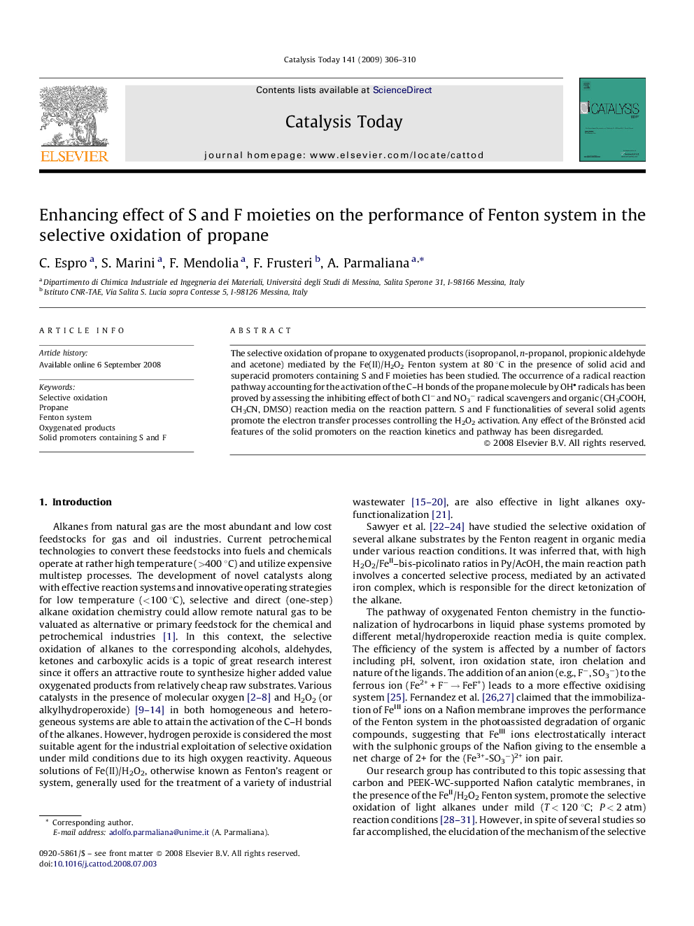 Enhancing effect of S and F moieties on the performance of Fenton system in the selective oxidation of propane