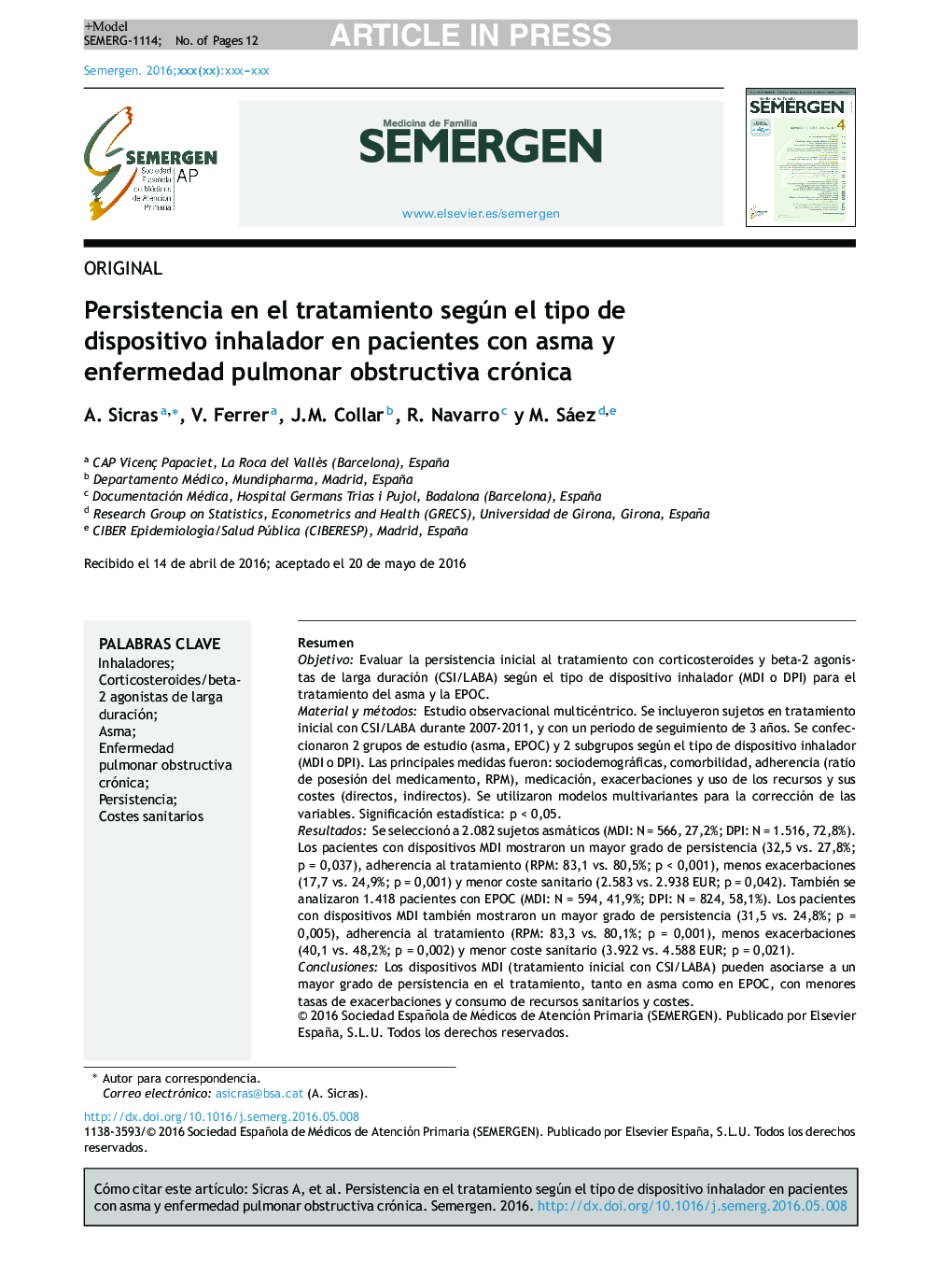 Persistencia en el tratamiento según el tipo de dispositivo inhalador en pacientes con asma y enfermedad pulmonar obstructiva crónica