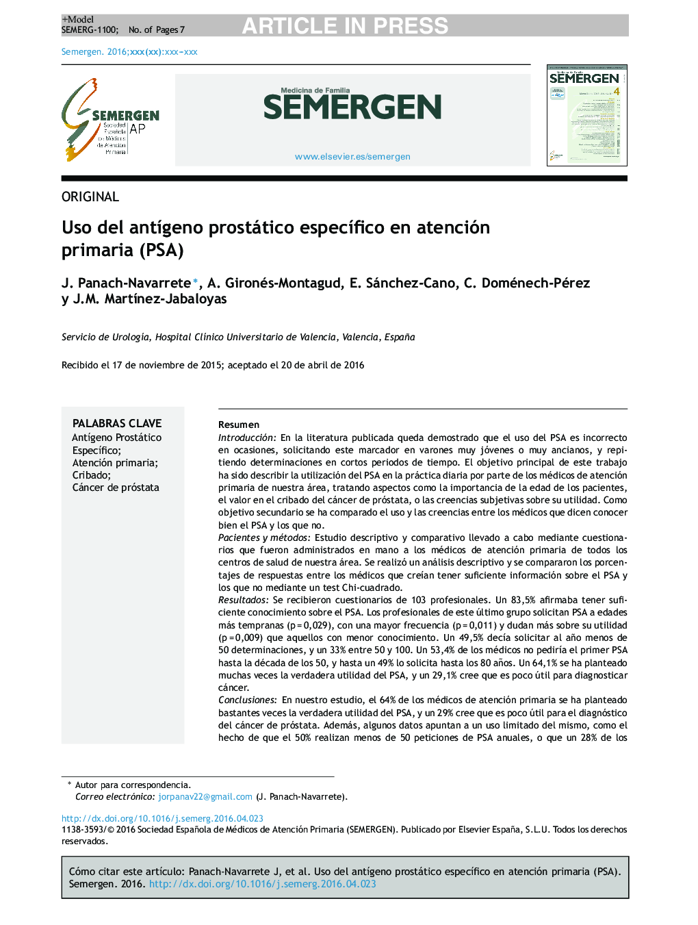 Uso del antÃ­geno prostático especÃ­fico en atención primaria (PSA)