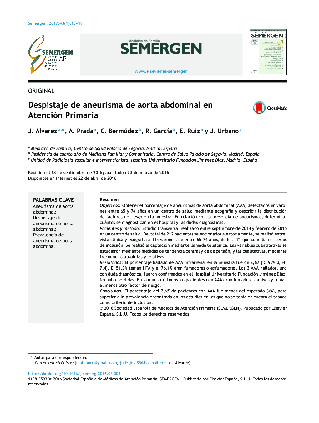 Despistaje de aneurisma de aorta abdominal en Atención Primaria