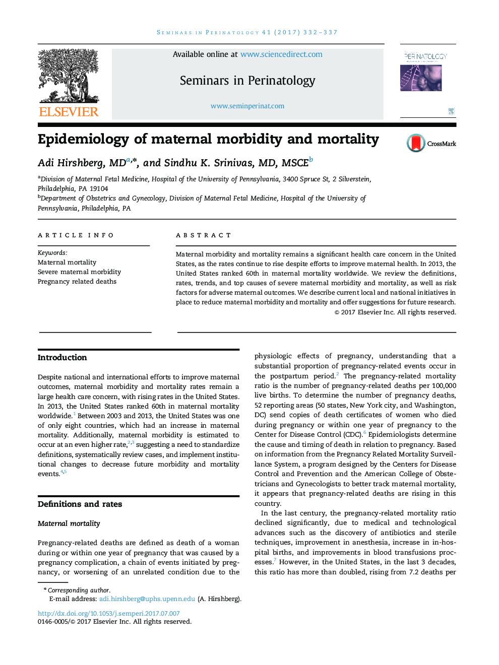 Epidemiology of maternal morbidity and mortality