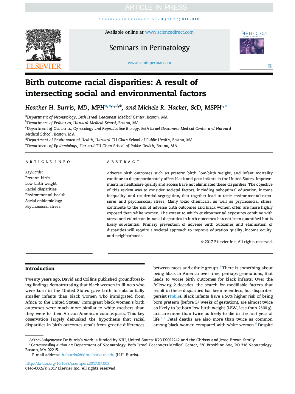 Birth outcome racial disparities: A result of intersecting social and environmental factors