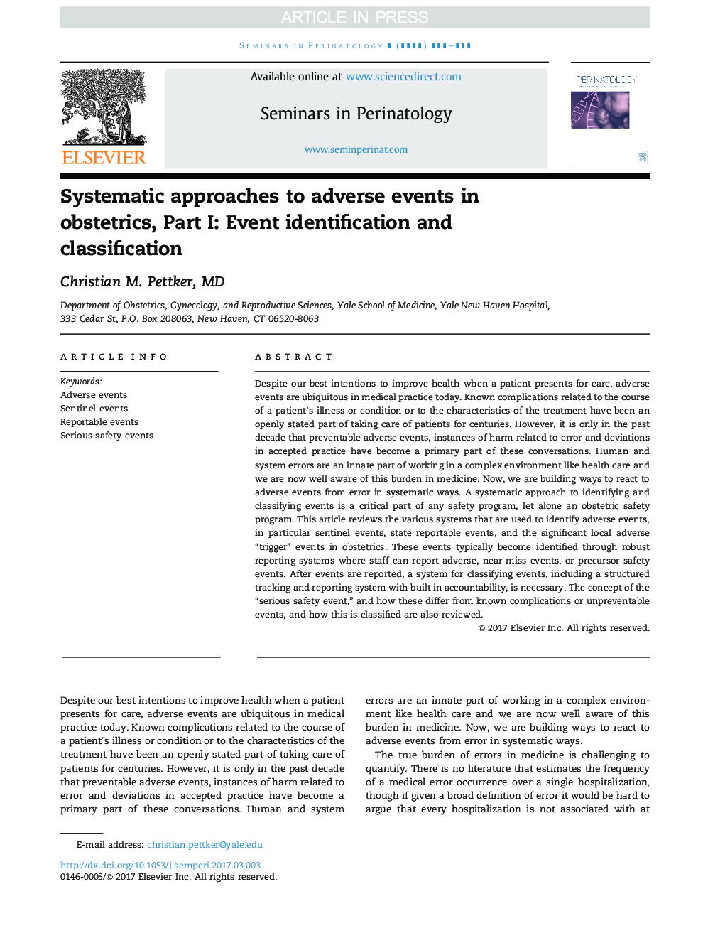 Systematic approaches to adverse events in obstetrics, Part I: Event identification and classification