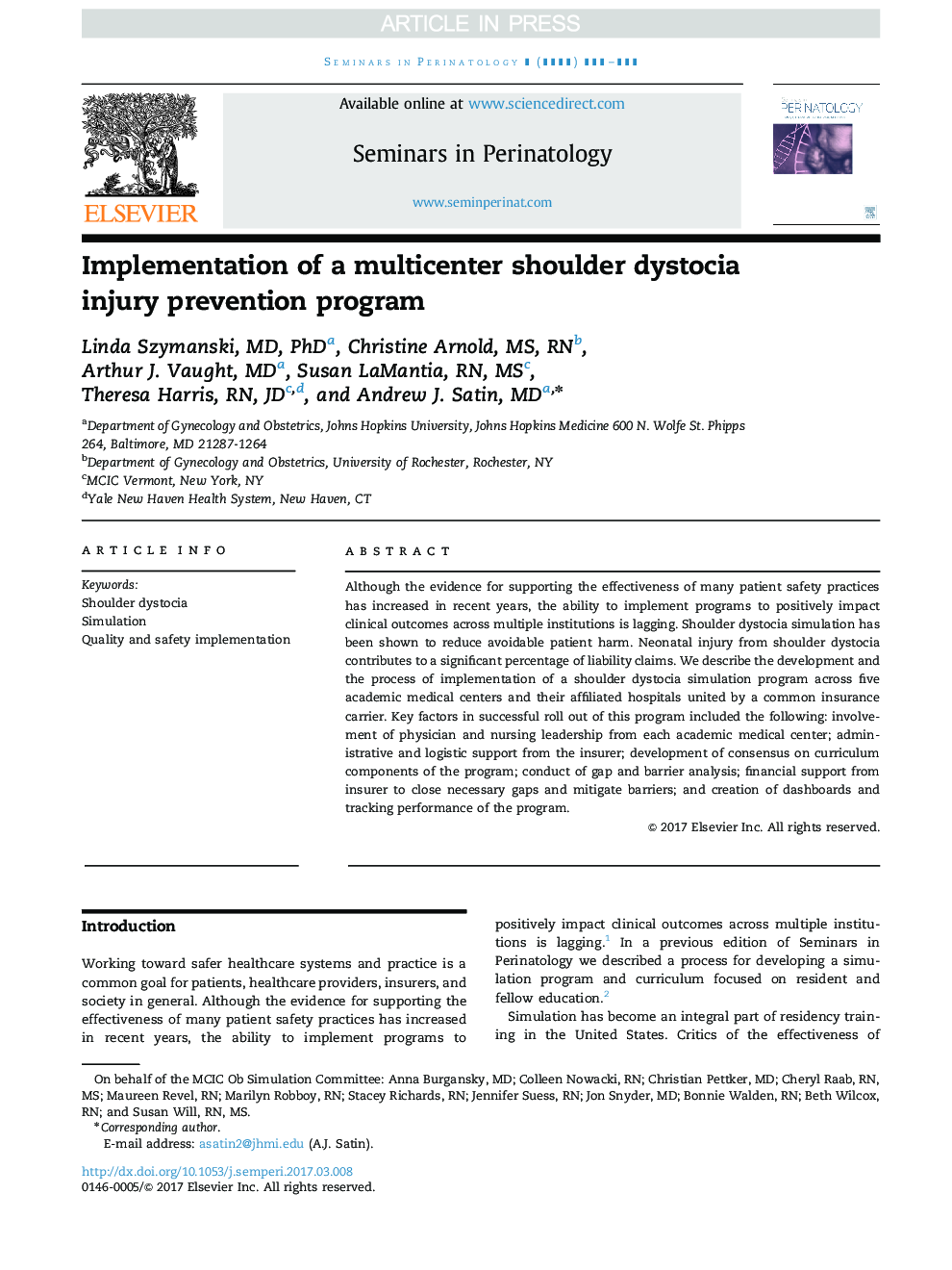 Implementation of a multicenter shoulder dystocia injury prevention program