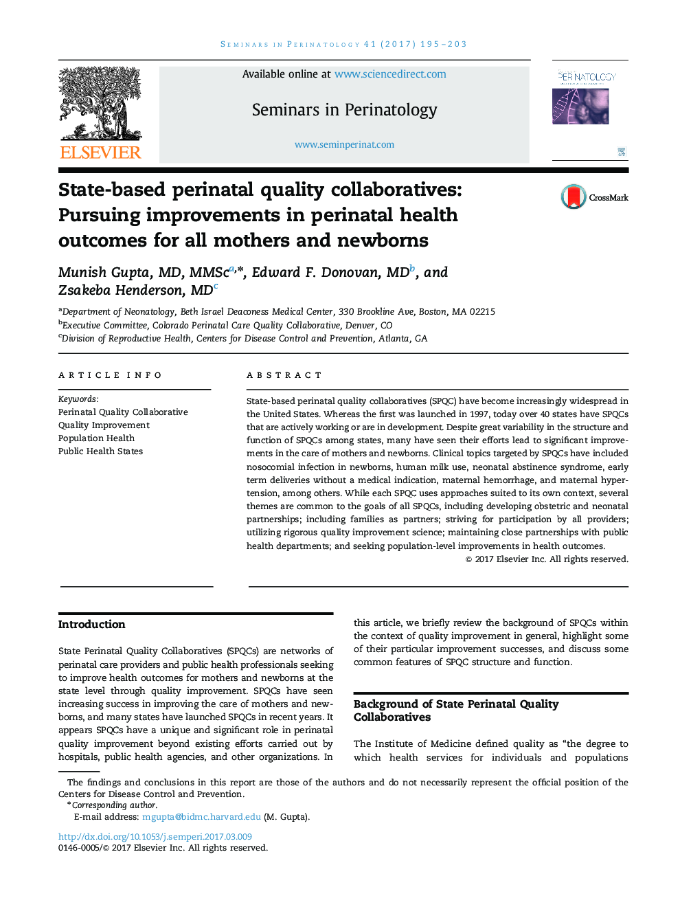 State-based perinatal quality collaboratives: Pursuing improvements in perinatal health outcomes for all mothers and newborns