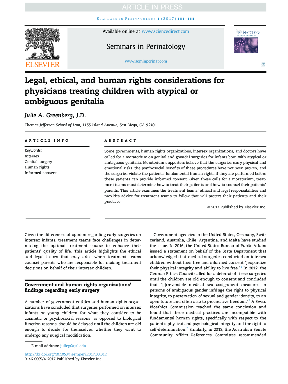 Legal, ethical, and human rights considerations for physicians treating children with atypical or ambiguous genitalia