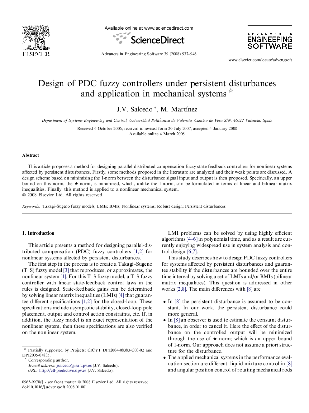 Design of PDC fuzzy controllers under persistent disturbances and application in mechanical systems 