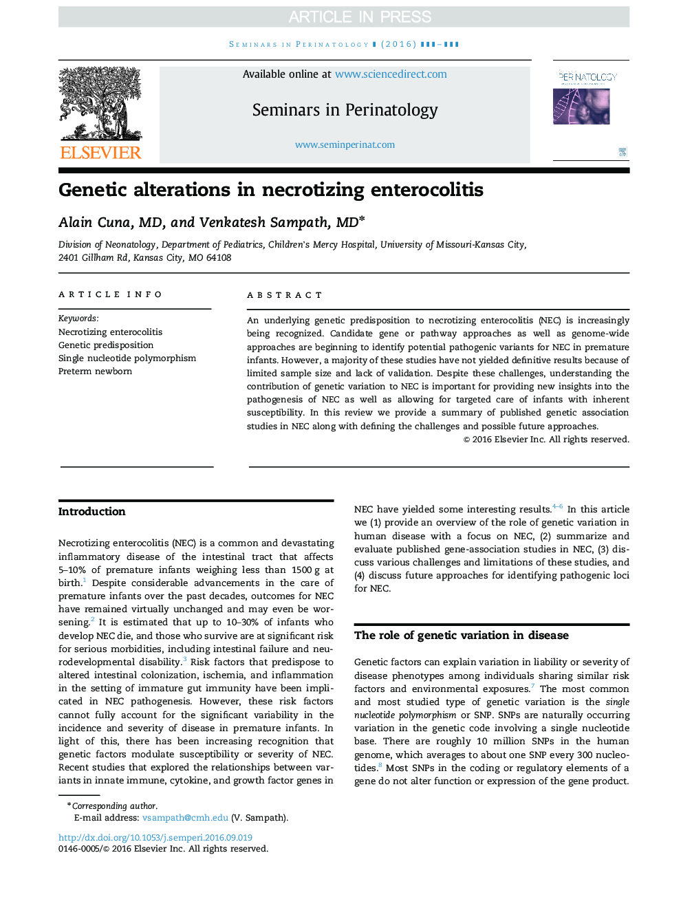 Genetic alterations in necrotizing enterocolitis