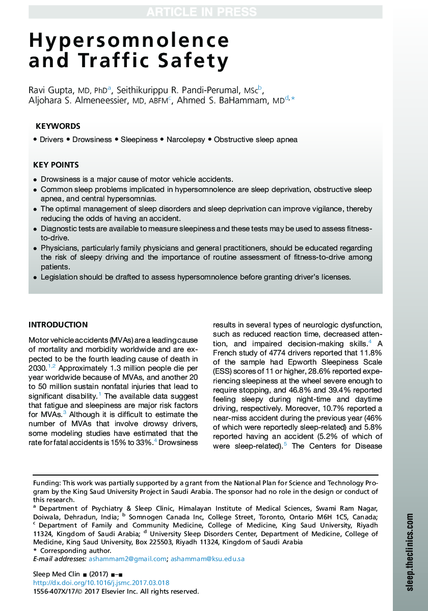 Hypersomnolence andÂ Traffic Safety