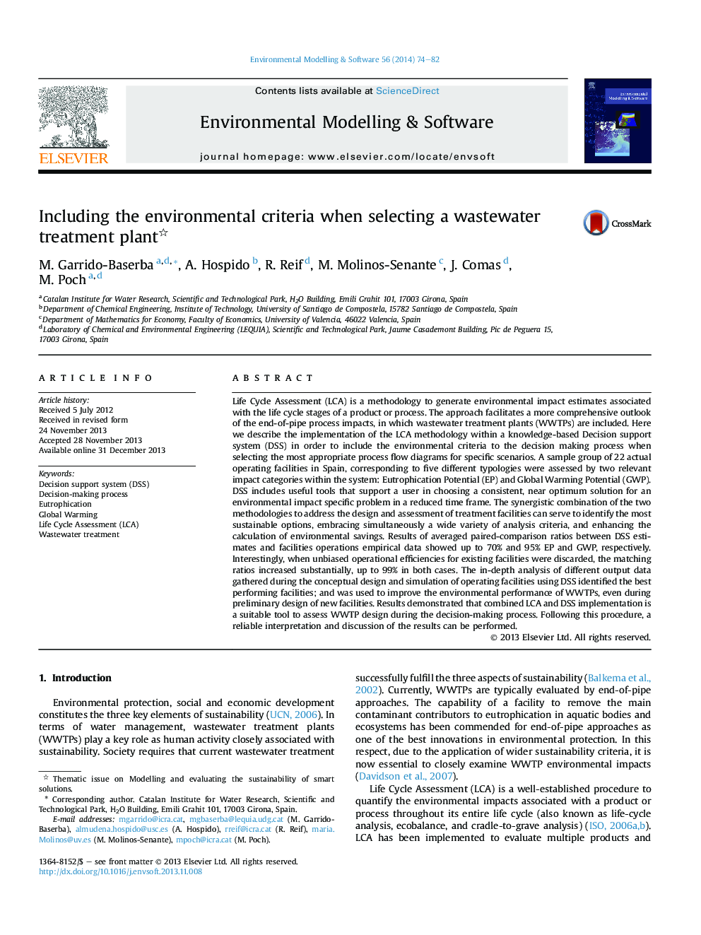 Including the environmental criteria when selecting a wastewater treatment plant 