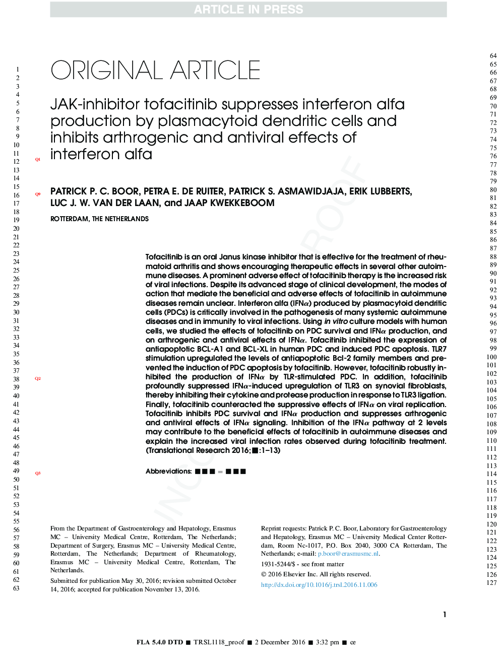 JAK-inhibitor tofacitinib suppresses interferon alfa production by plasmacytoid dendritic cells and inhibits arthrogenic and antiviral effects of interferon alfa
