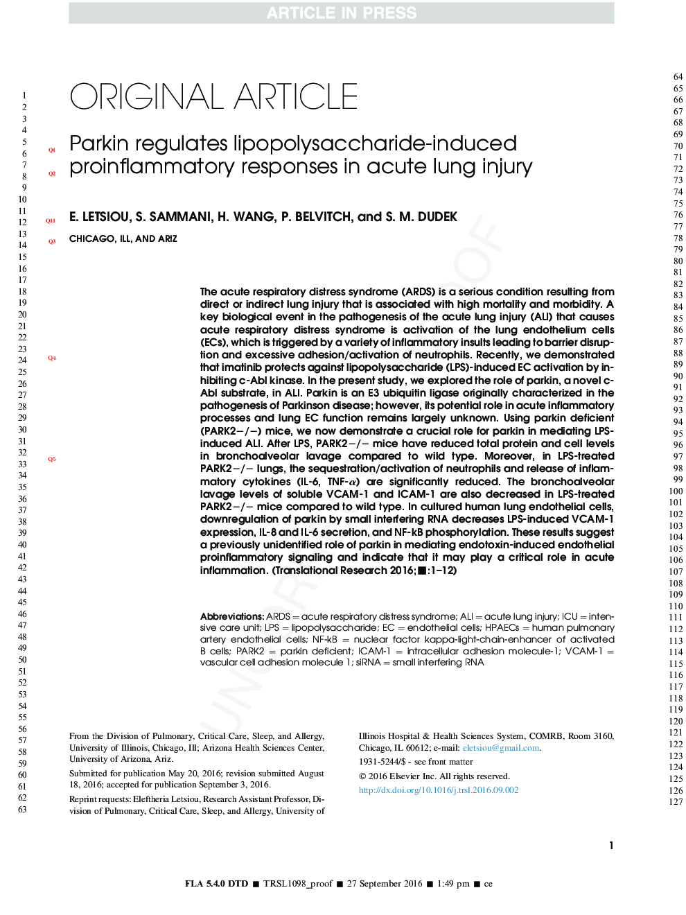 Parkin regulates lipopolysaccharide-induced proinflammatory responses in acute lung injury