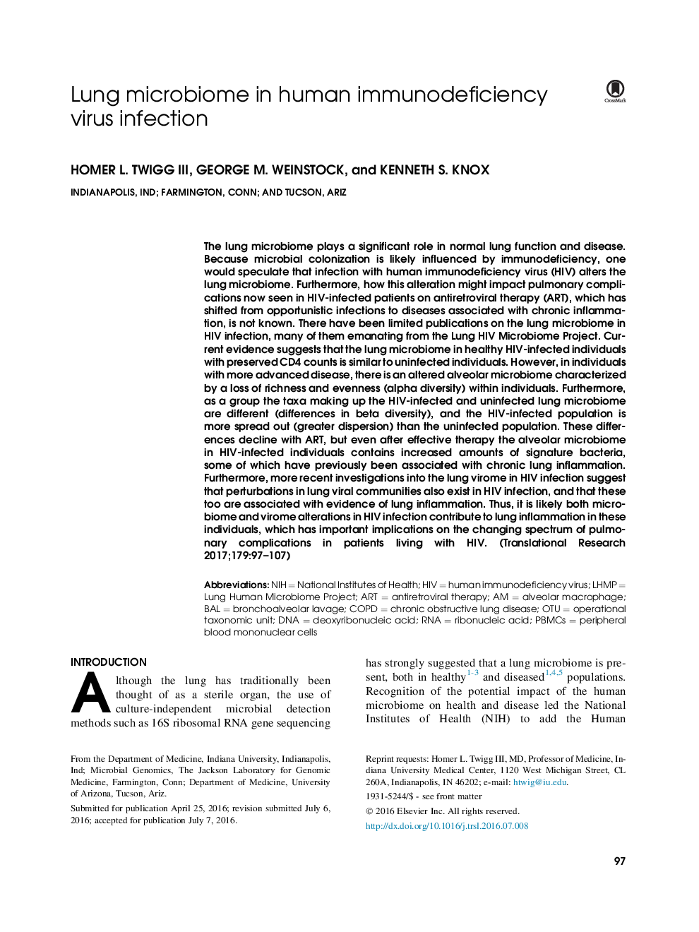 Lung microbiome in human immunodeficiency virus infection