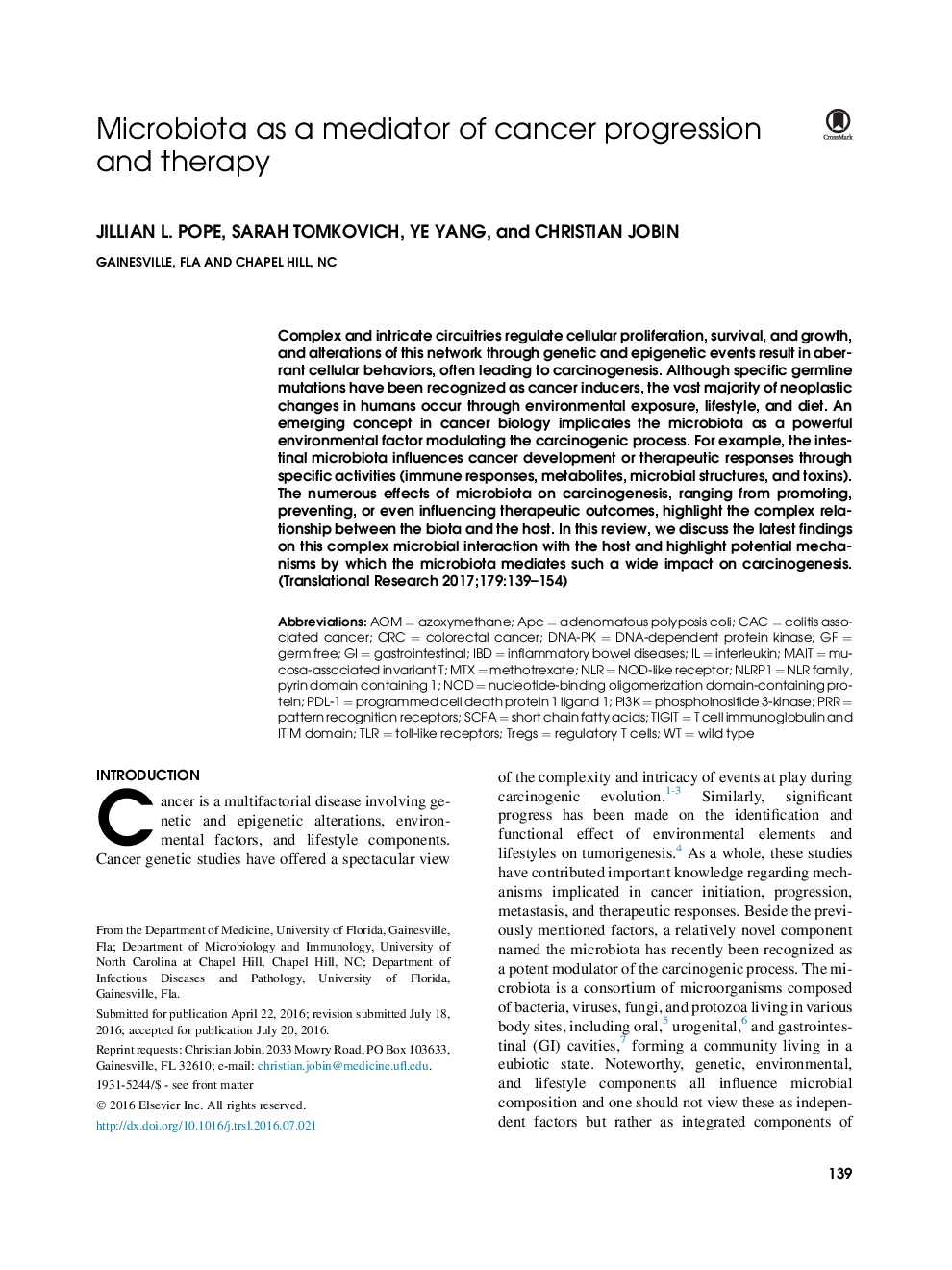 Microbiota as a mediator of cancer progression and therapy