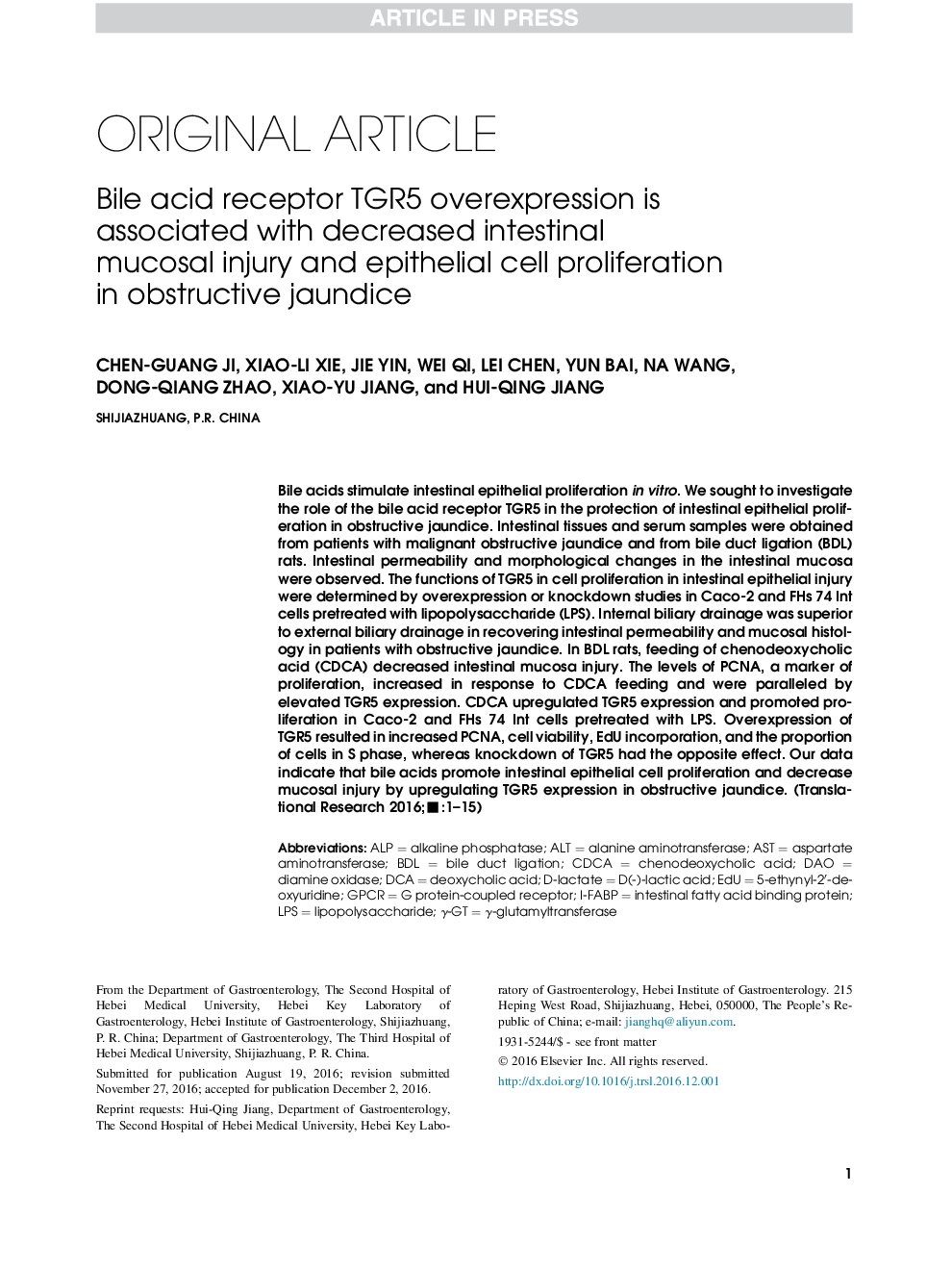 Bile acid receptor TGR5 overexpression is associated with decreased intestinal mucosal injury and epithelial cell proliferation in obstructive jaundice