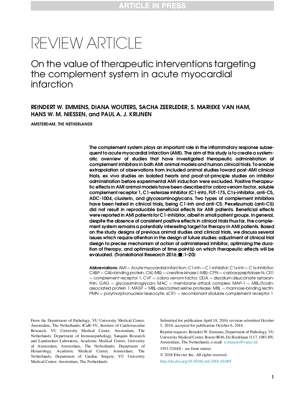 On the value of therapeutic interventions targeting the complement system in acute myocardial infarction