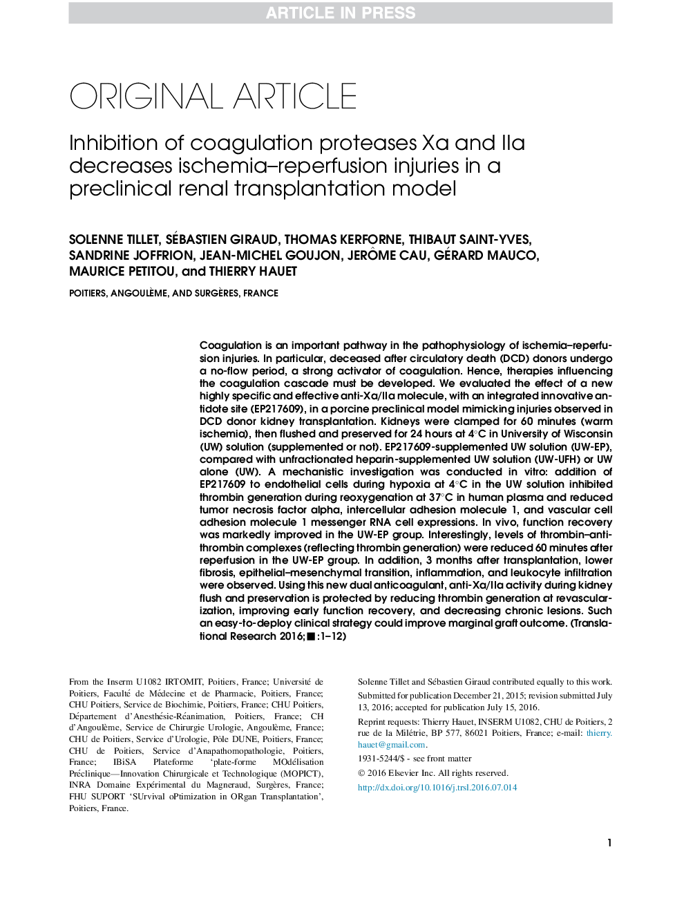 Inhibition of coagulation proteases Xa and IIa decreases ischemia-reperfusion injuries in a preclinical renal transplantation model