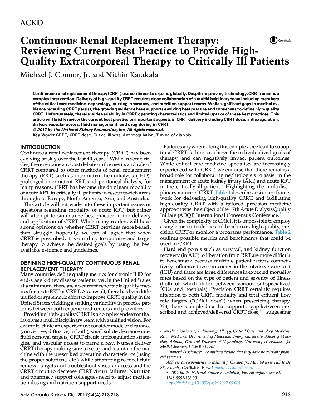 Continuous Renal Replacement Therapy: Reviewing Current Best Practice to Provide High-Quality Extracorporeal Therapy to Critically Ill Patients