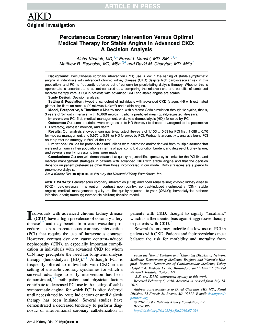 Percutaneous Coronary Intervention Versus Optimal Medical Therapy for Stable Angina in Advanced CKD: A Decision Analysis