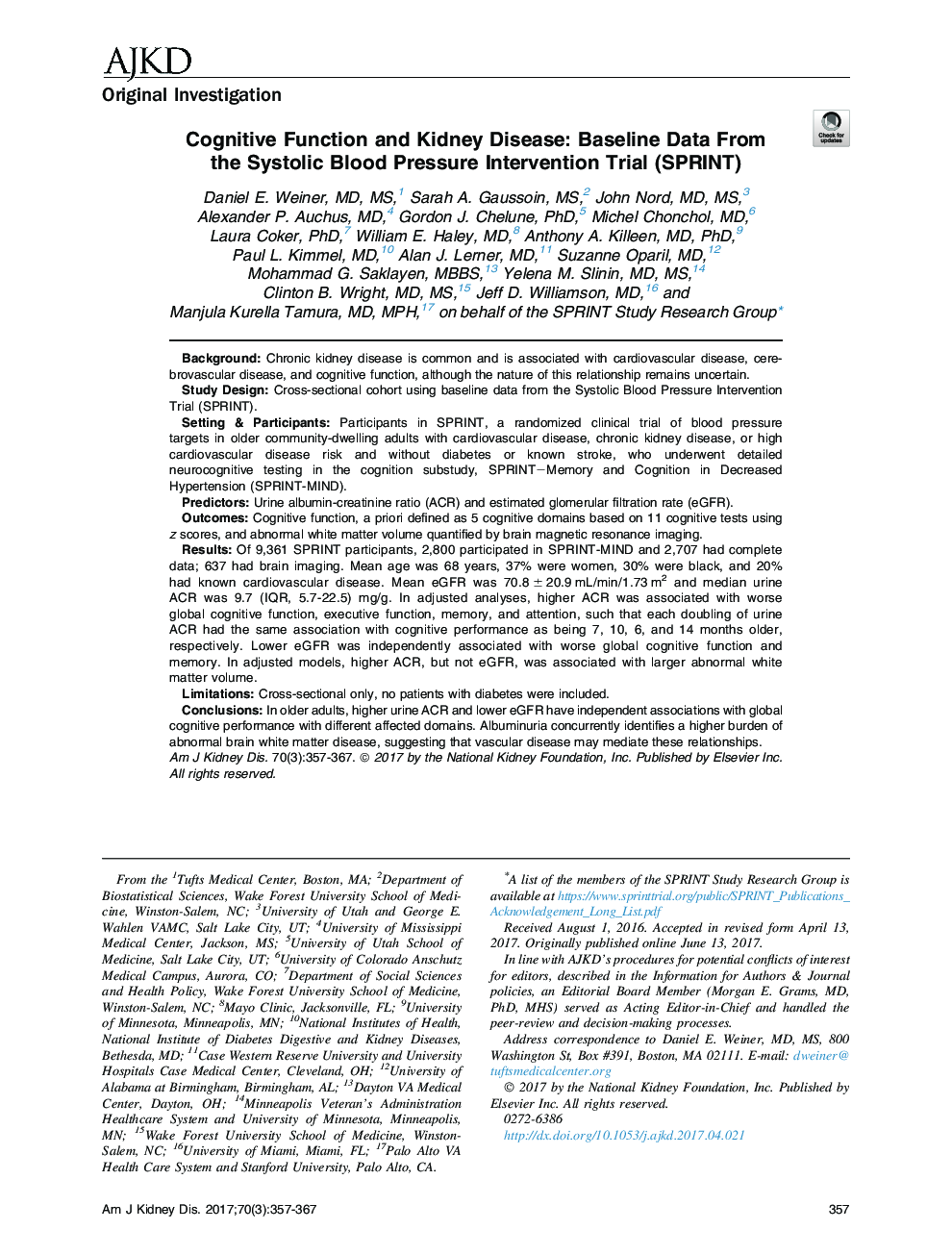 Cognitive Function and Kidney Disease: Baseline Data From theÂ Systolic Blood Pressure Intervention Trial (SPRINT)