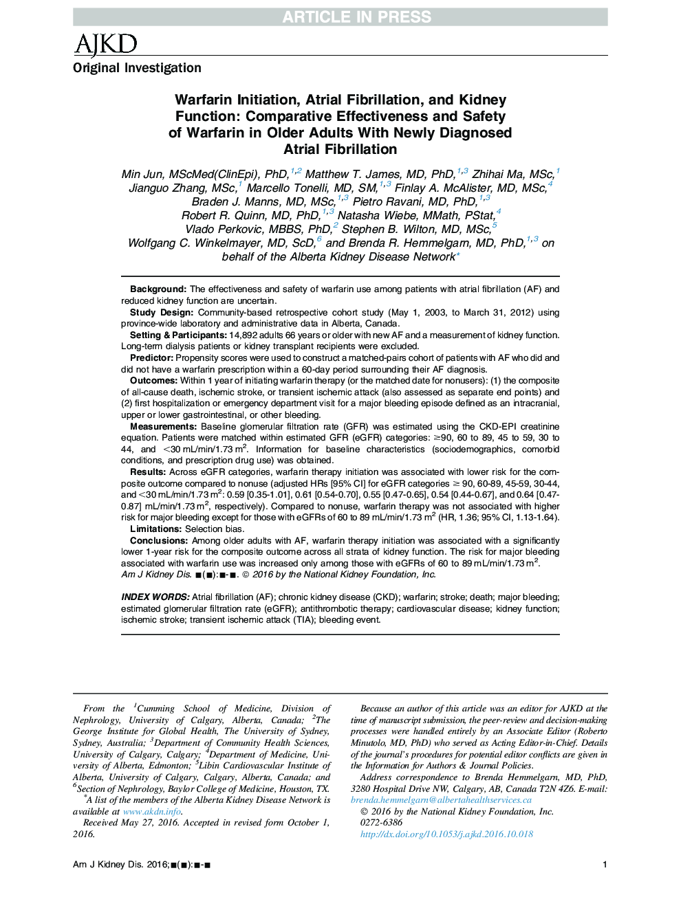 Warfarin Initiation, Atrial Fibrillation, and Kidney Function:Â Comparative Effectiveness and Safety ofÂ WarfarinÂ inÂ OlderÂ AdultsÂ With Newly Diagnosed AtrialÂ Fibrillation
