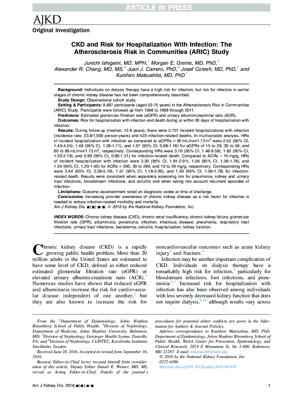 CKD and Risk for Hospitalization With Infection: The Atherosclerosis Risk in Communities (ARIC) Study