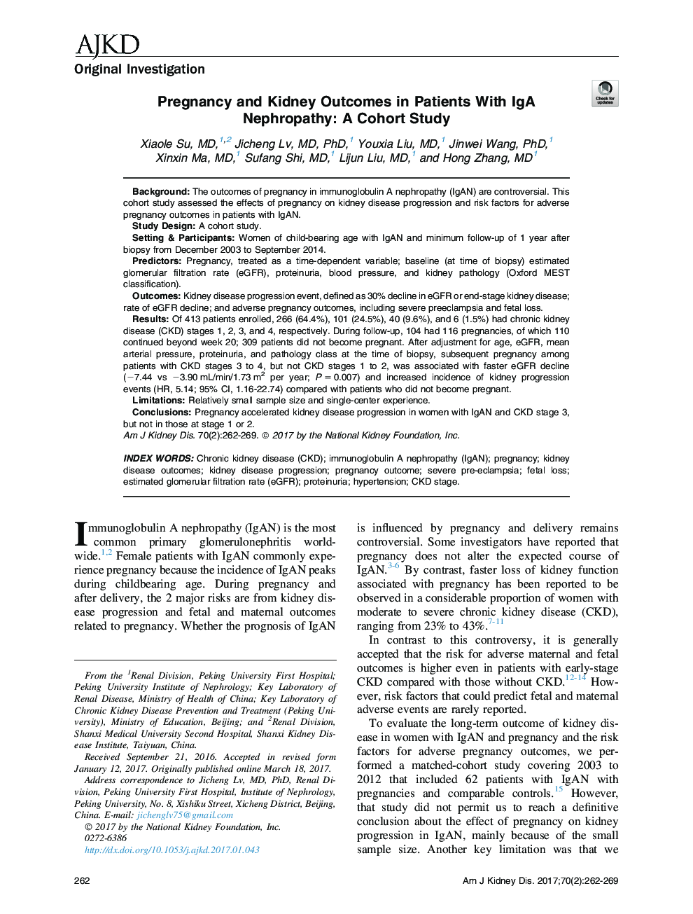 Pregnancy and Kidney Outcomes in Patients With IgA Nephropathy: A Cohort Study