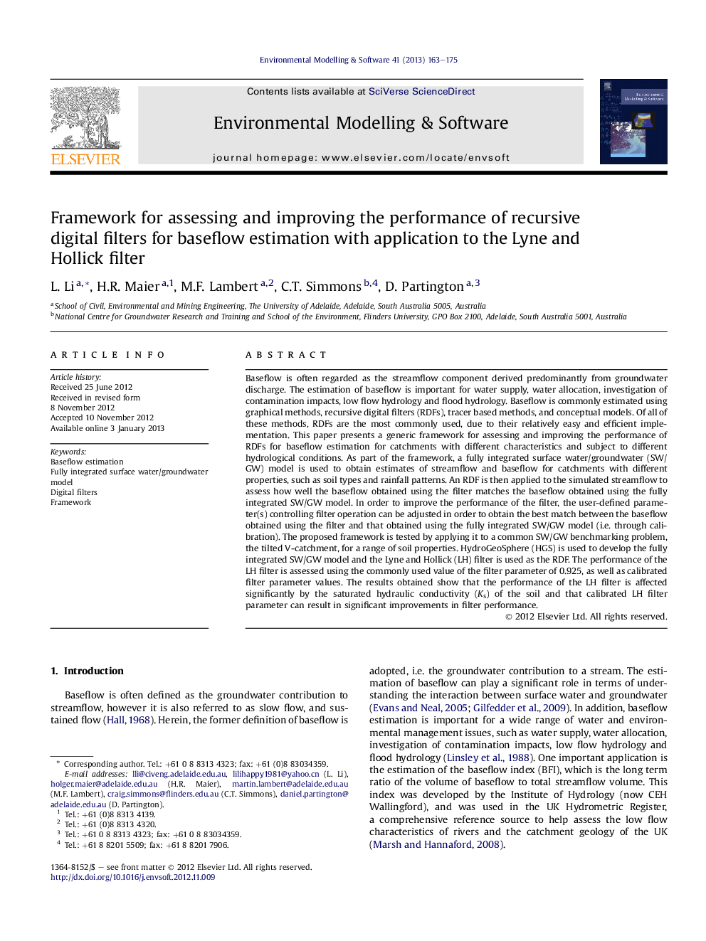 Framework for assessing and improving the performance of recursive digital filters for baseflow estimation with application to the Lyne and Hollick filter