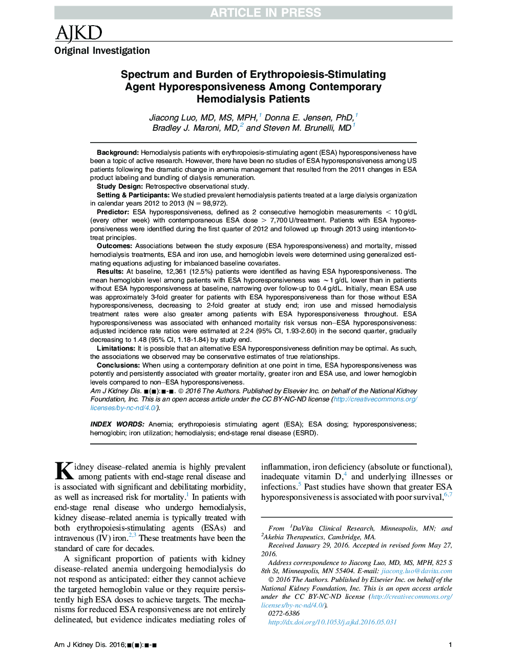 Spectrum and Burden of Erythropoiesis-Stimulating AgentÂ Hyporesponsiveness Among Contemporary HemodialysisÂ Patients