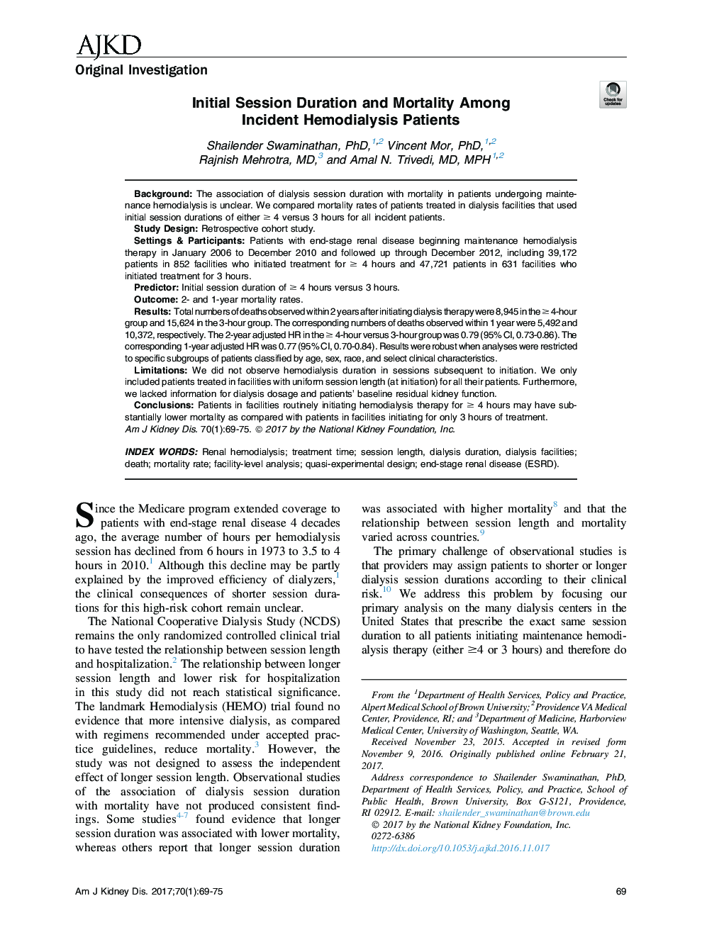 Initial Session Duration and Mortality Among IncidentÂ Hemodialysis Patients