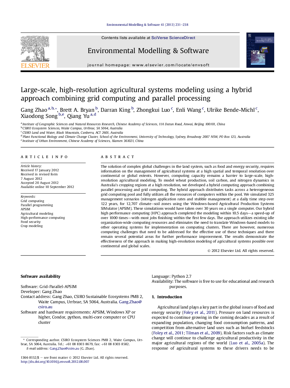 Large-scale, high-resolution agricultural systems modeling using a hybrid approach combining grid computing and parallel processing