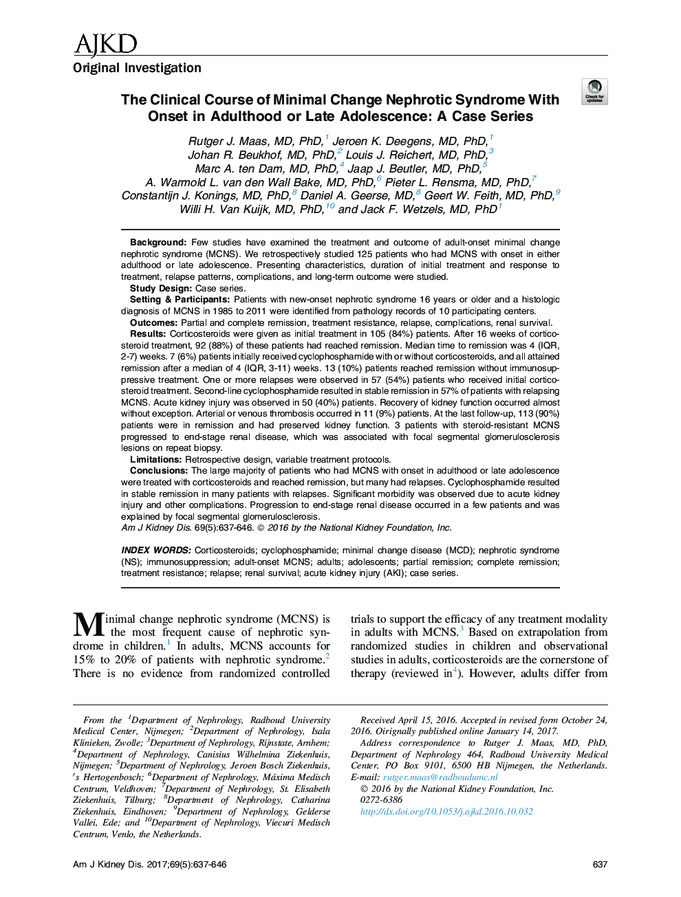 The Clinical Course of Minimal Change Nephrotic Syndrome With Onset in Adulthood or Late Adolescence: A Case Series