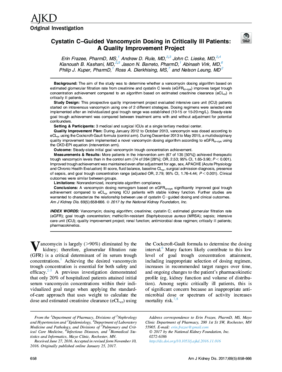 Cystatin C-Guided Vancomycin Dosing in Critically Ill Patients: AÂ Quality Improvement Project